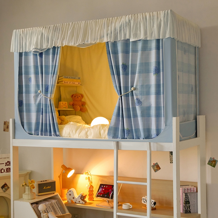 91家纺网 家纺一手货源 找家纺 青竹苑 2025花边款覆膜遮光学生蚊帐 蓝格蓝莓