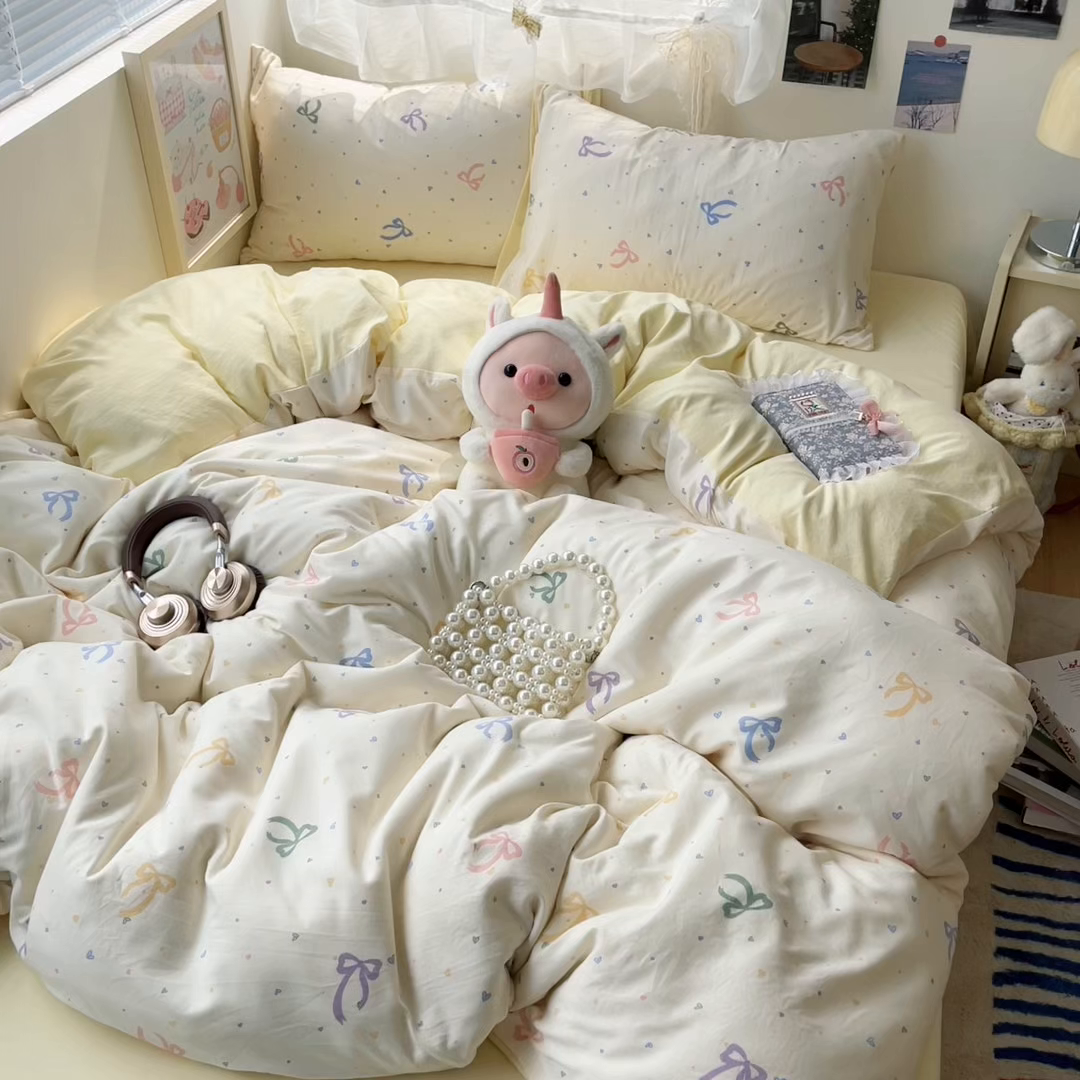 91家纺网 家纺一手货源 找家纺 （总）卡迪熊家纺 2025新款水洗双层纱双拼碎花四件套