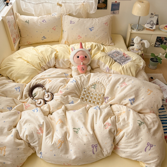 91家纺网 家纺一手货源 找家纺 （总）卡迪熊家纺 2025新款水洗双层纱双拼碎花四件套