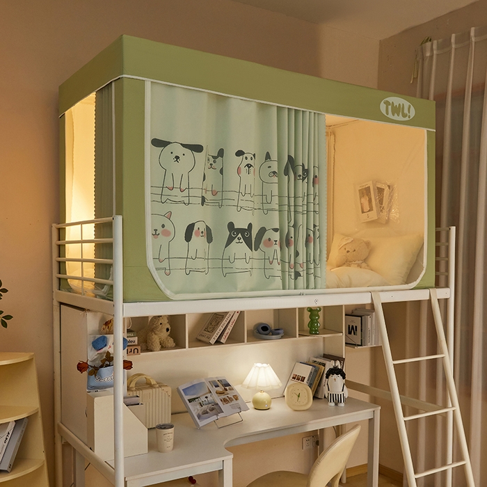 91家纺网 家纺一手货源 找家纺 青竹苑 2025新款植绒强遮光印花学生坐床蚊帐 狗狗乐园