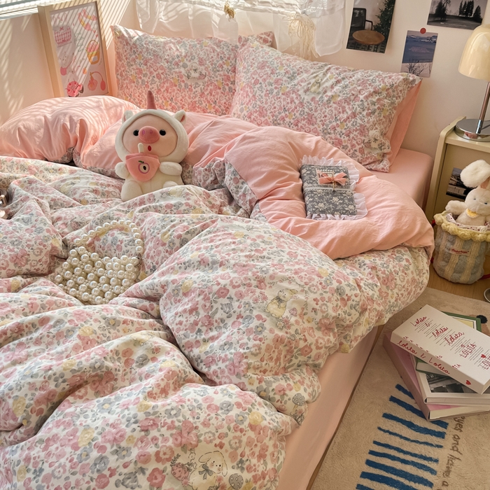 91家纺网 家纺一手货源 找家纺 （总）卡迪熊家纺 2025新款水洗双层纱双拼碎花四件套