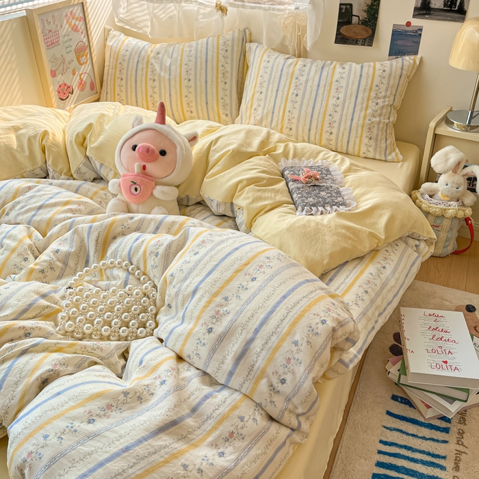 91家纺网 家纺一手货源 找家纺 （总）卡迪熊家纺 2025新款水洗双层纱双拼碎花四件套