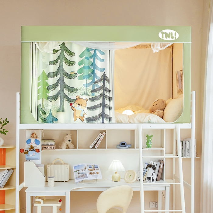 91家纺网 家纺一手货源 找家纺 青竹苑 2025新款植绒强遮光印花学生坐床蚊帐 森林里的小熊