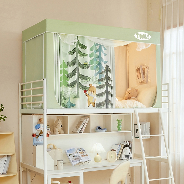 91家纺网 家纺一手货源 找家纺 青竹苑 2025新款植绒强遮光印花学生坐床蚊帐 森林里的小熊