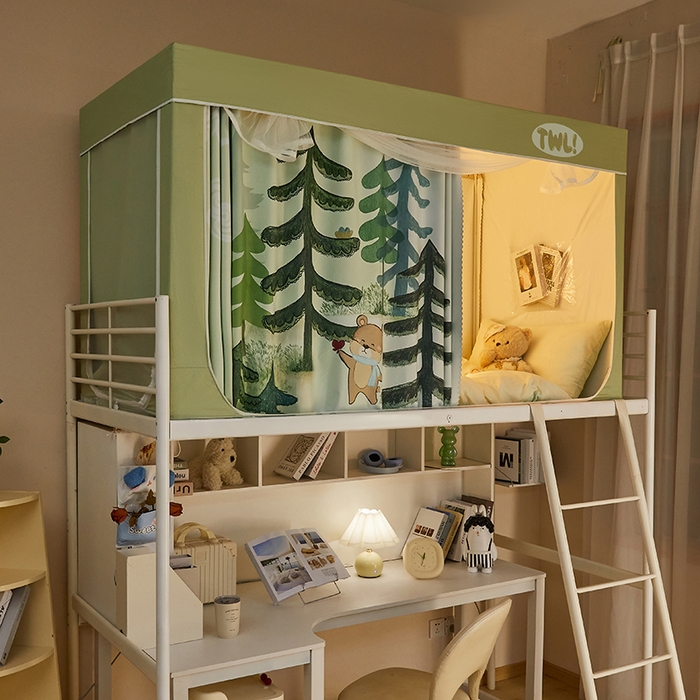 91家纺网 家纺一手货源 找家纺 青竹苑 2025新款植绒强遮光印花学生坐床蚊帐 森林里的小熊