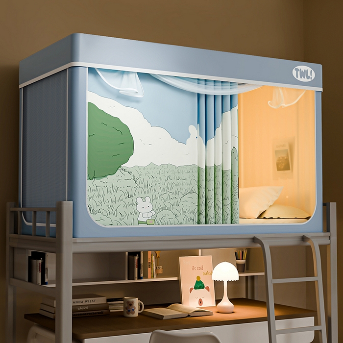 青竹苑 2025新款植绒强遮光印花学生坐床蚊帐 田野里的兔兔