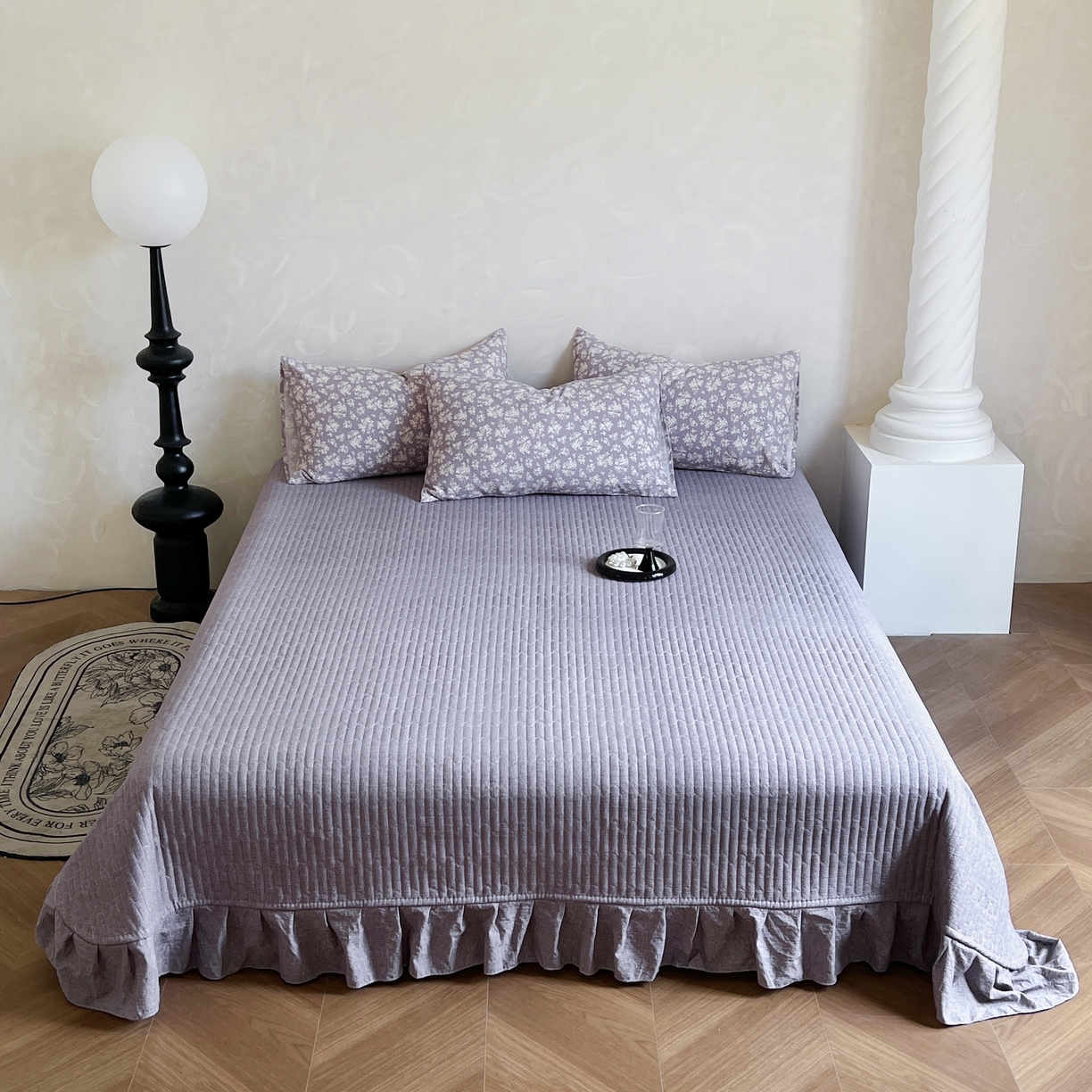 91家纺网 家纺一手货源 找家纺 美梦家纺 2025新款高克重加厚亚麻皱皱纱床盖四件套系列（提供买家秀) 紫妍