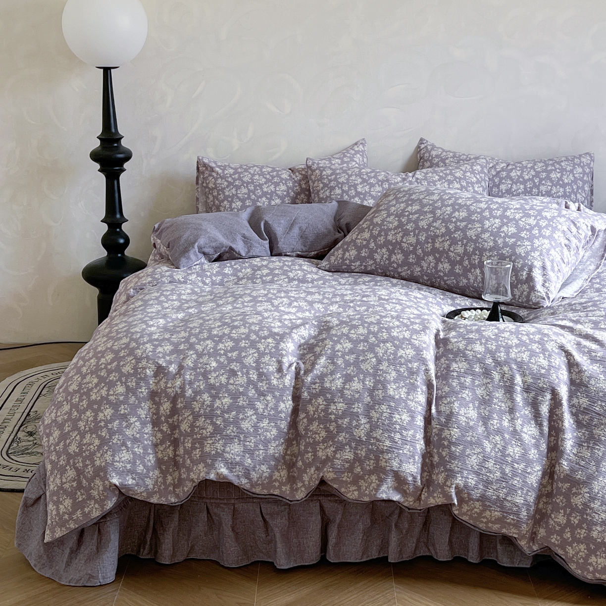 美梦家纺 2025新款高克重加厚亚麻皱皱纱床盖四件套系列（提供买家秀) 紫妍