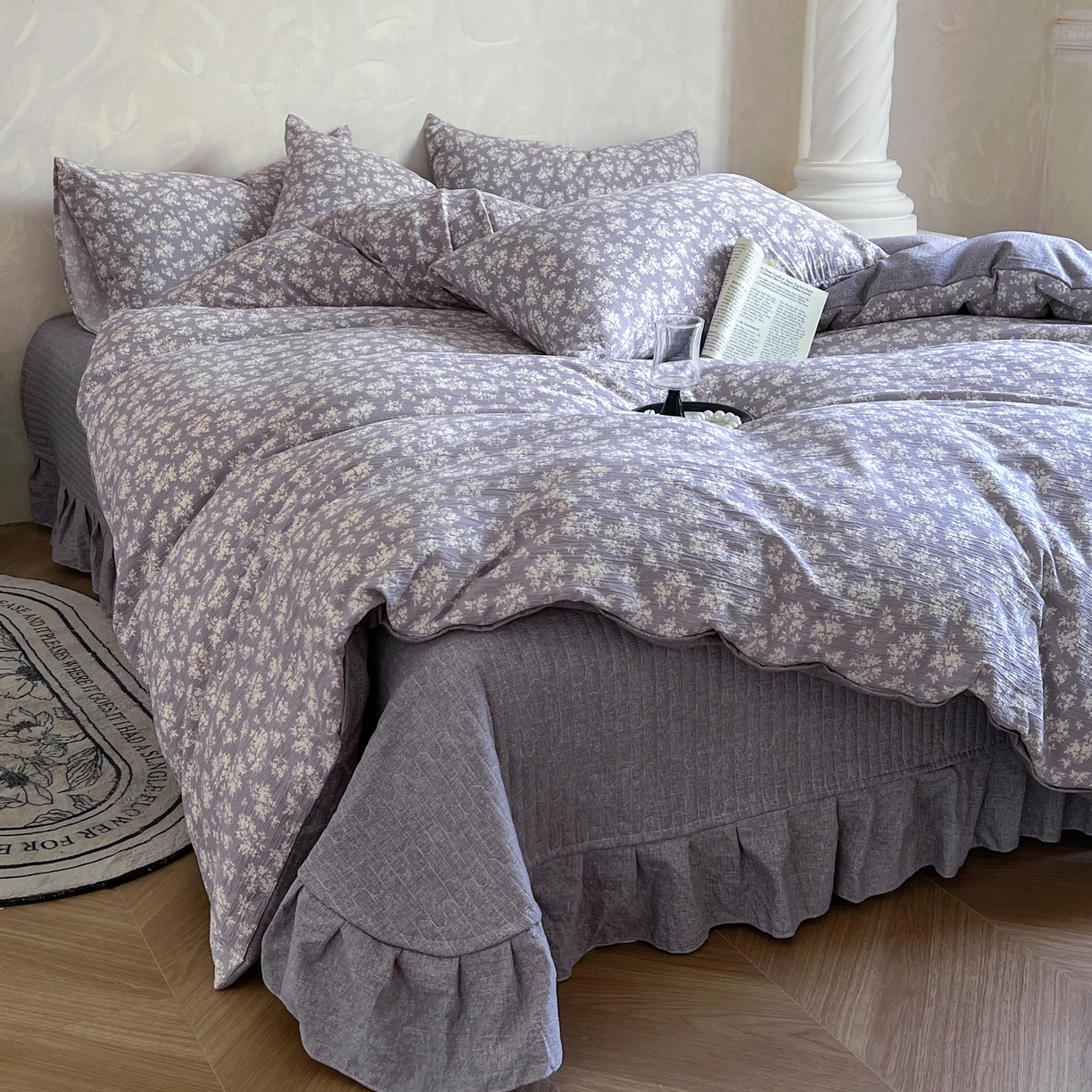 91家纺网 家纺一手货源 找家纺 美梦家纺 2025新款高克重加厚亚麻皱皱纱床盖四件套系列（提供买家秀) 紫妍