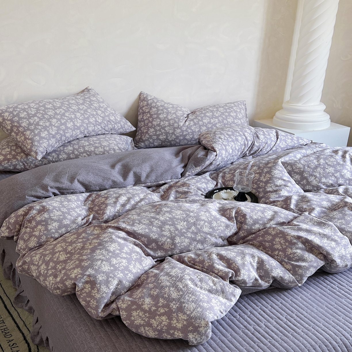 91家纺网 家纺一手货源 找家纺 美梦家纺 2025新款高克重加厚亚麻皱皱纱床盖四件套系列（提供买家秀) 紫妍