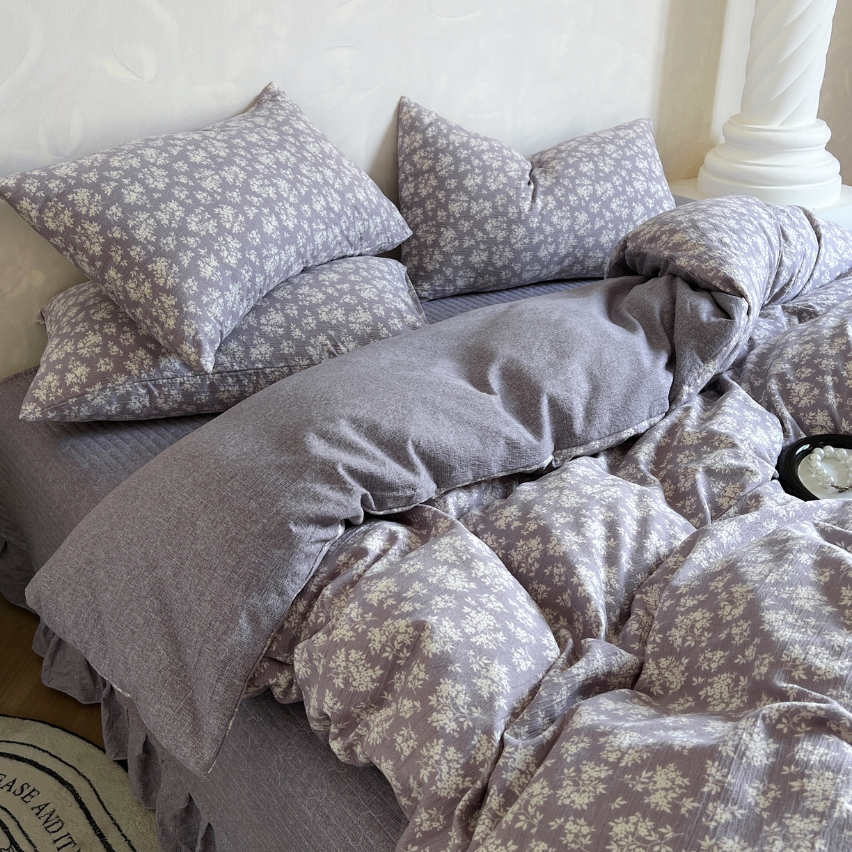 91家纺网 家纺一手货源 找家纺 美梦家纺 2025新款高克重加厚亚麻皱皱纱床盖四件套系列（提供买家秀) 紫妍