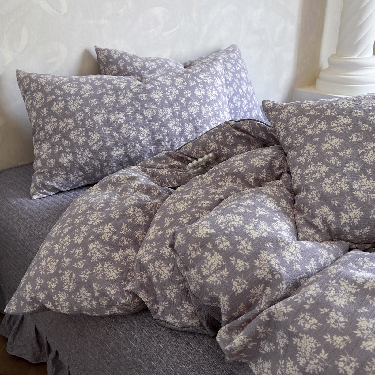 91家纺网 家纺一手货源 找家纺 美梦家纺 2025新款高克重加厚亚麻皱皱纱床盖四件套系列（提供买家秀) 紫妍