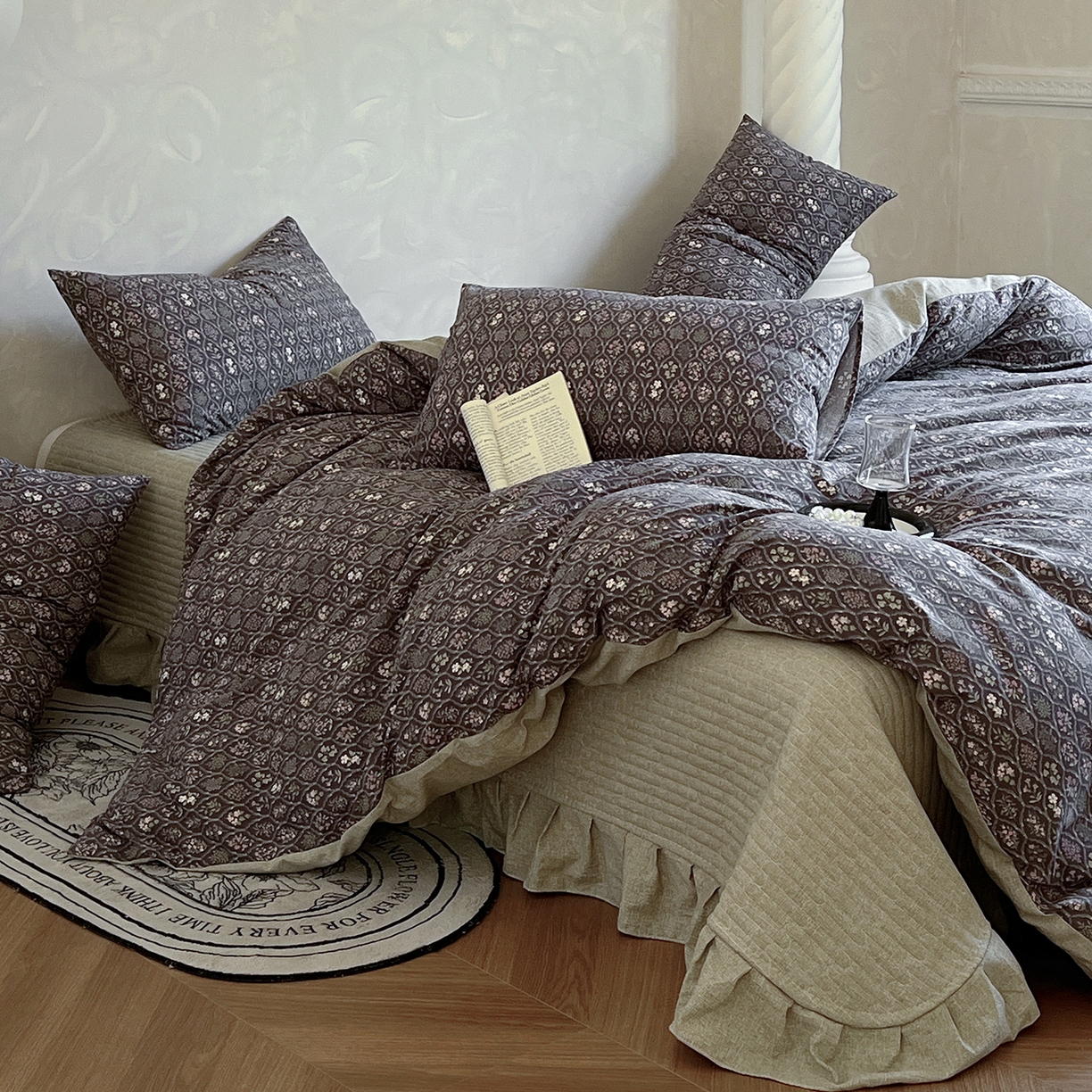 91家纺网 家纺一手货源 找家纺 美梦家纺 2025新款高克重加厚亚麻皱皱纱床盖四件套系列（提供买家秀) 谧境