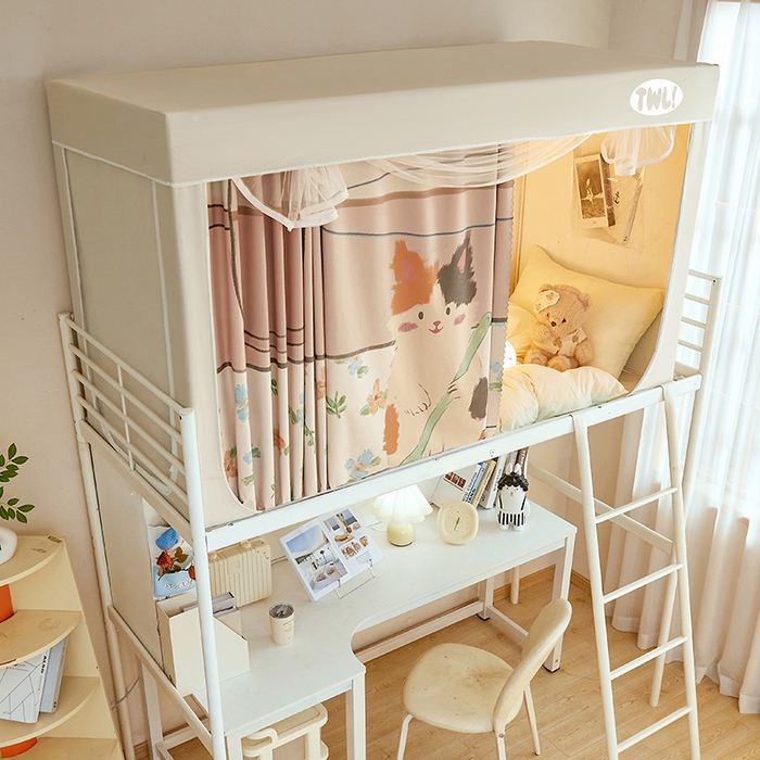 91家纺网 家纺一手货源 找家纺 青竹苑 2025新款覆膜遮光印花学生坐床蚊帐 杯子里的猫