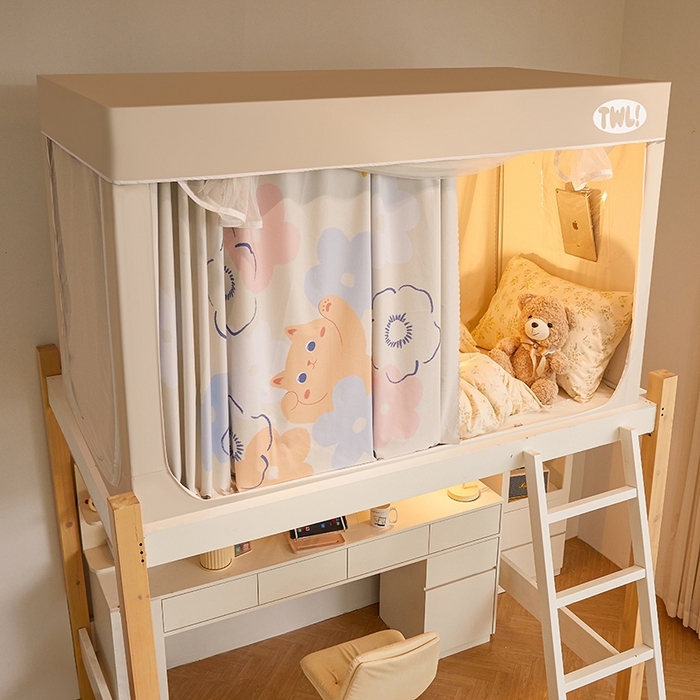 91家纺网 家纺一手货源 找家纺 青竹苑 2025新款覆膜遮光印花学生坐床蚊帐 花朵喵喵