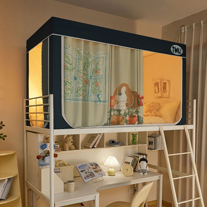 91家纺网 家纺一手货源 找家纺 青竹苑 2025新款覆膜遮光印花学生坐床蚊帐 看书狗狗