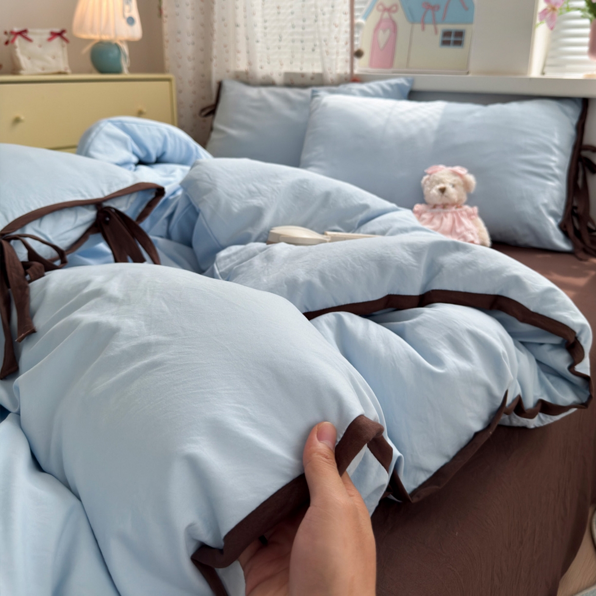 91家纺网 家纺一手货源 找家纺 （总）尤米 2025新款水洗棉撞色绑带款四件套