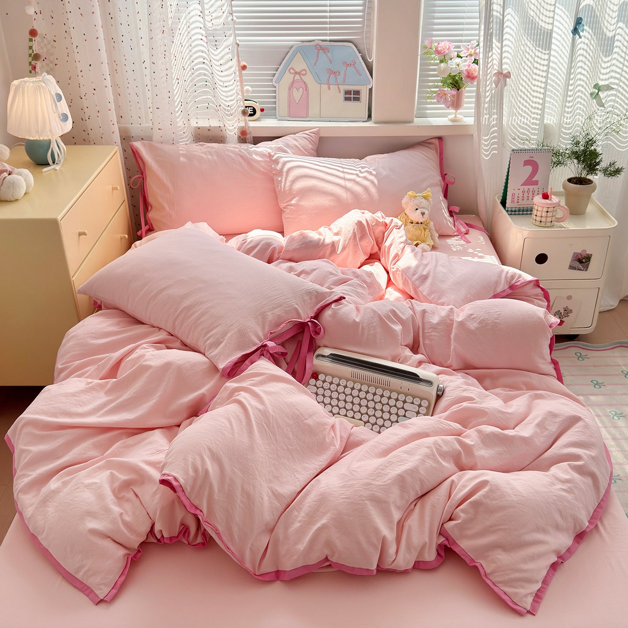 91家纺网 家纺一手货源 找家纺 尤米 2025新款水洗棉撞色绑带款四件套 绑带款-蜜桃粉