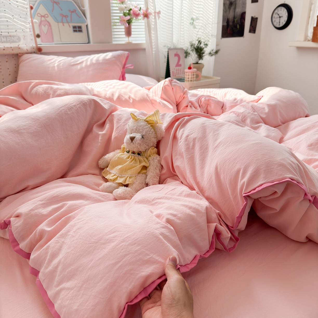 91家纺网 家纺一手货源 找家纺 尤米 2025新款水洗棉撞色绑带款四件套 绑带款-蜜桃粉