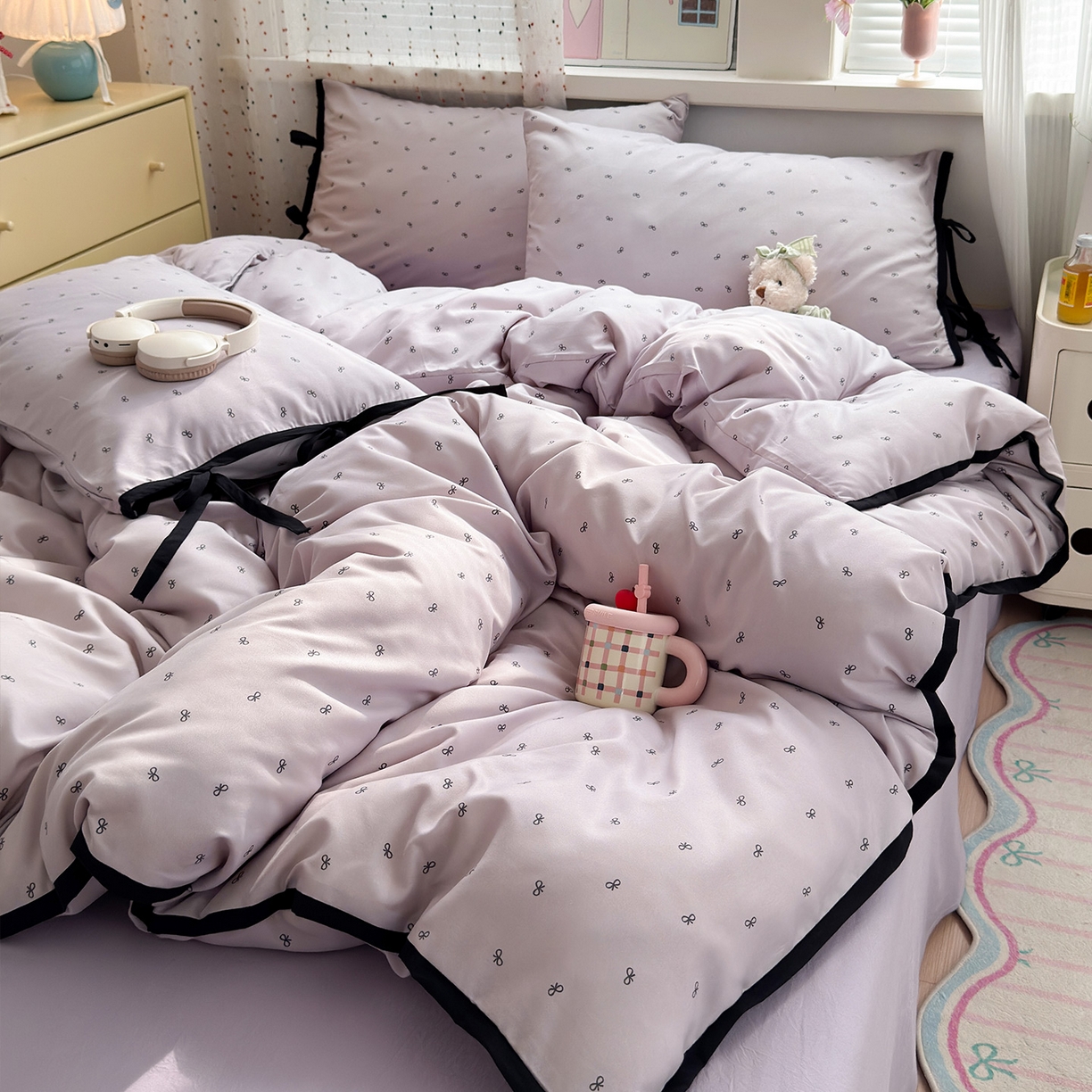 91家纺网 家纺一手货源 找家纺 尤米 2025新款水洗棉撞色绑带款四件套 绑带款-芋泥紫