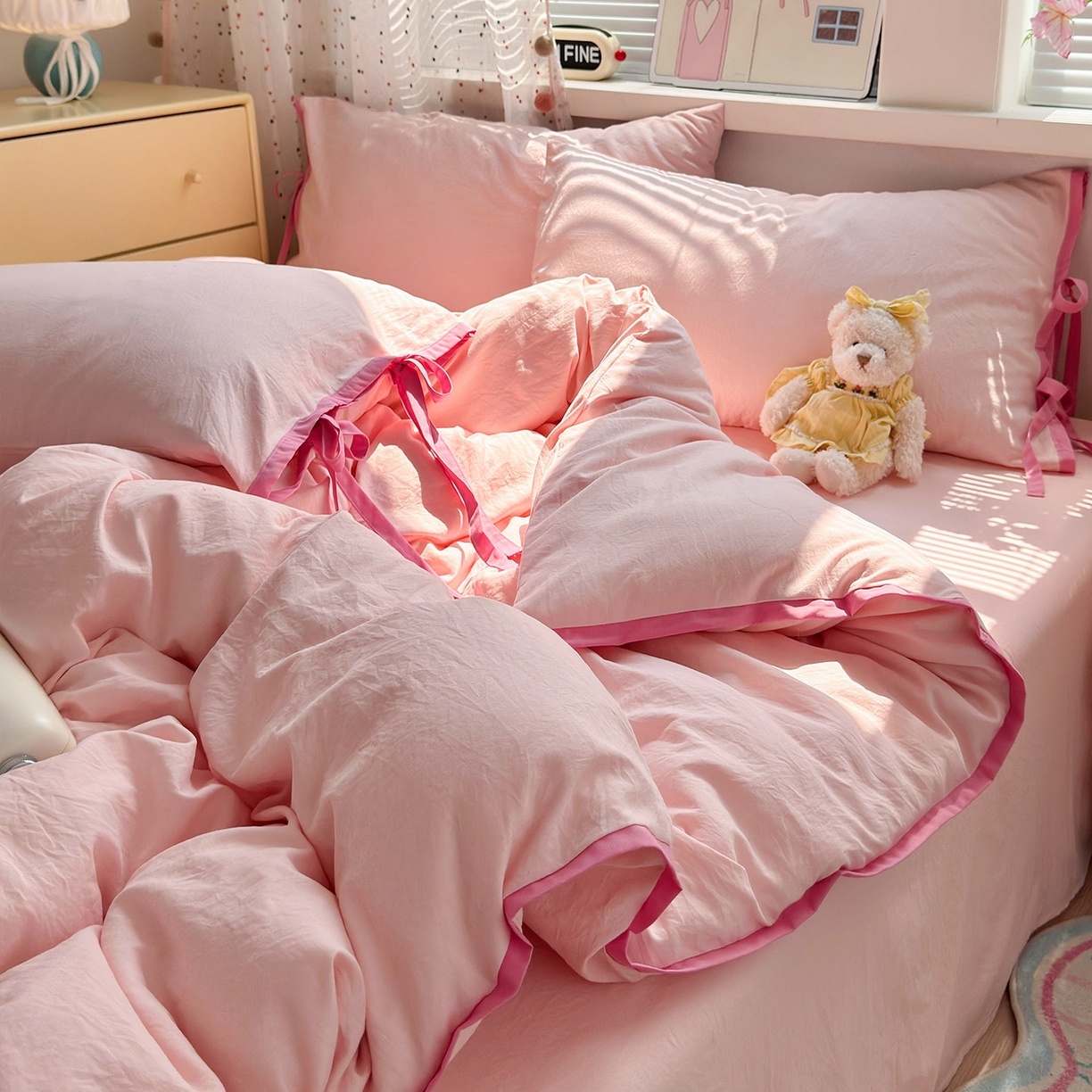 91家纺网 家纺一手货源 找家纺 尤米 2025新款水洗棉撞色绑带款四件套 绑带款-蜜桃粉