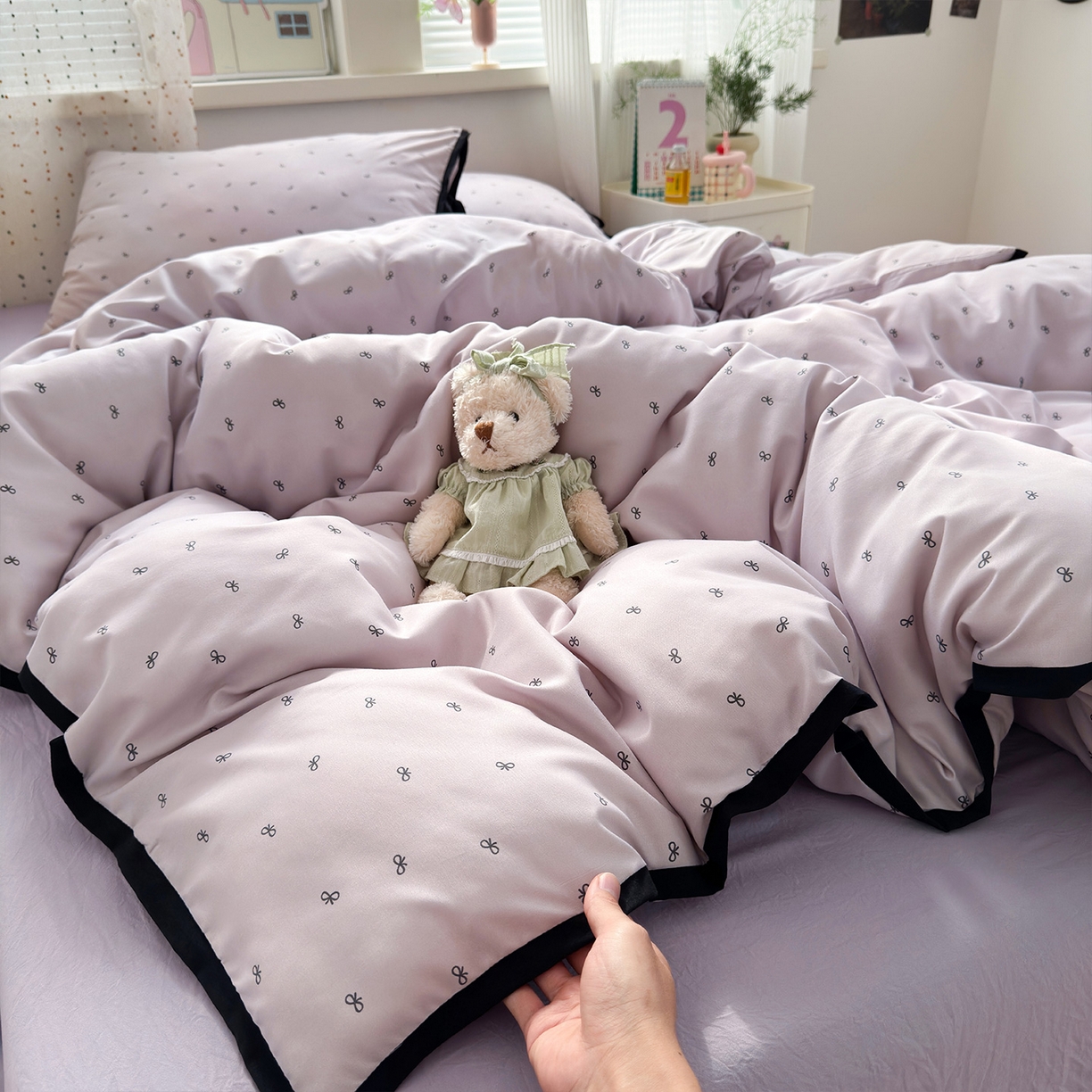 91家纺网 家纺一手货源 找家纺 尤米 2025新款水洗棉撞色绑带款四件套 绑带款-芋泥紫