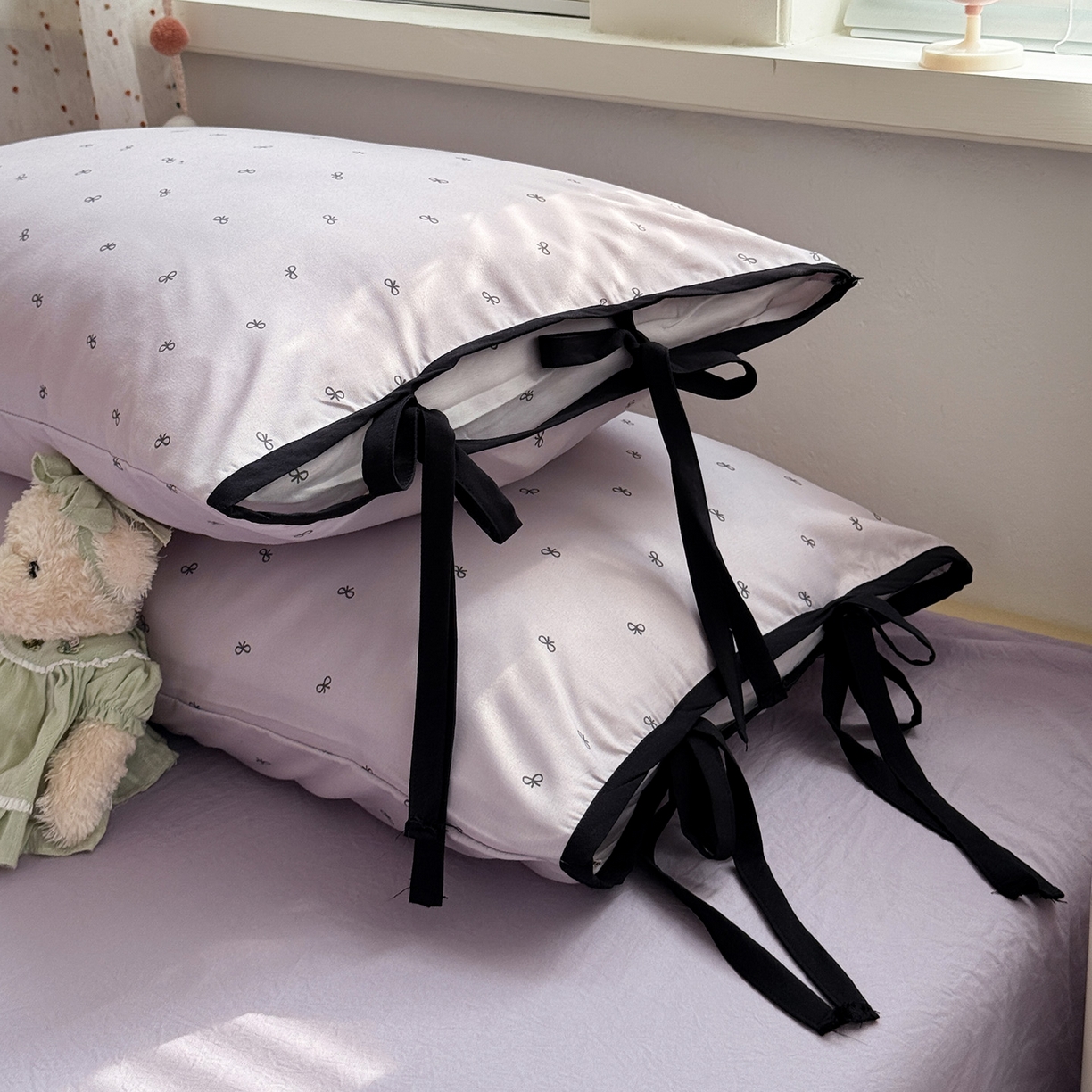 91家纺网 家纺一手货源 找家纺 尤米 2025新款水洗棉撞色绑带款四件套 绑带款-芋泥紫