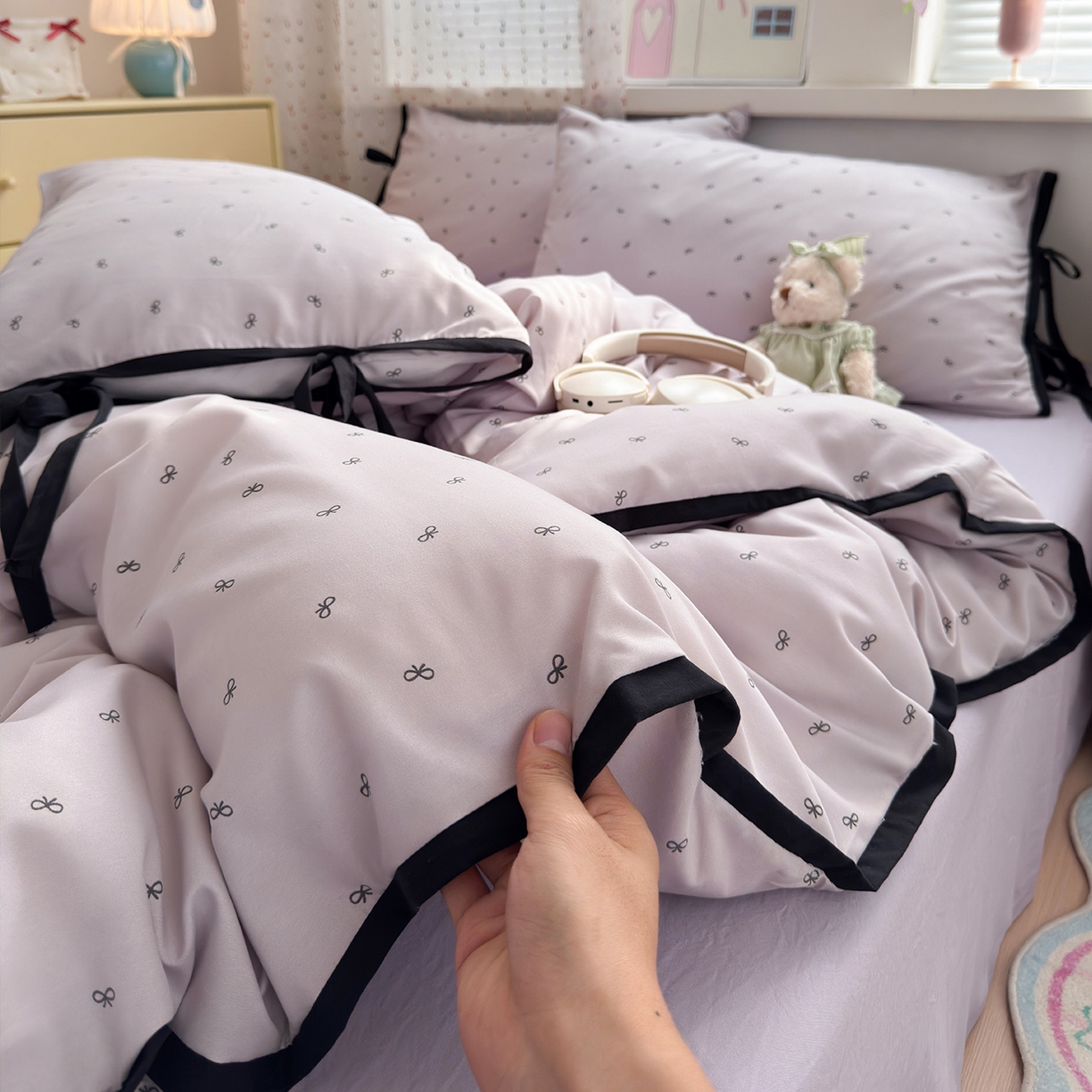 尤米 2025新款水洗棉撞色绑带款四件套 绑带款-芋泥紫