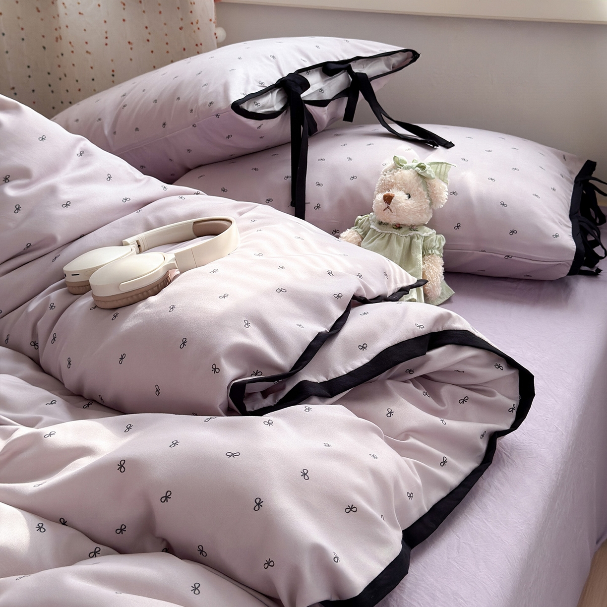 91家纺网 家纺一手货源 找家纺 尤米 2025新款水洗棉撞色绑带款四件套 绑带款-芋泥紫