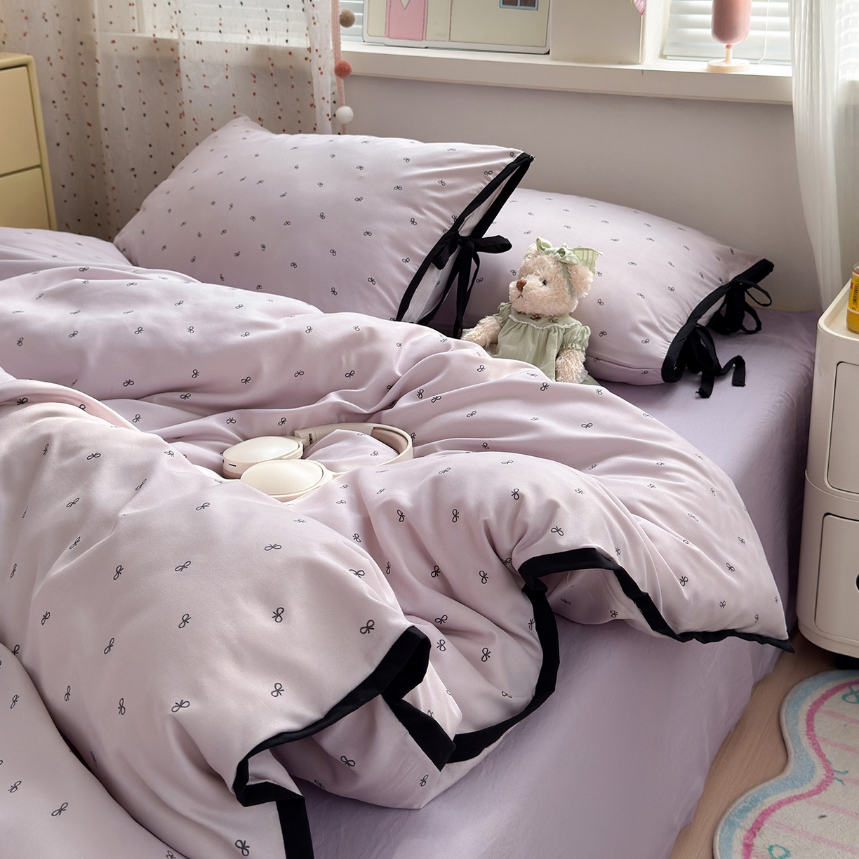 91家纺网 家纺一手货源 找家纺 尤米 2025新款水洗棉撞色绑带款四件套 绑带款-芋泥紫