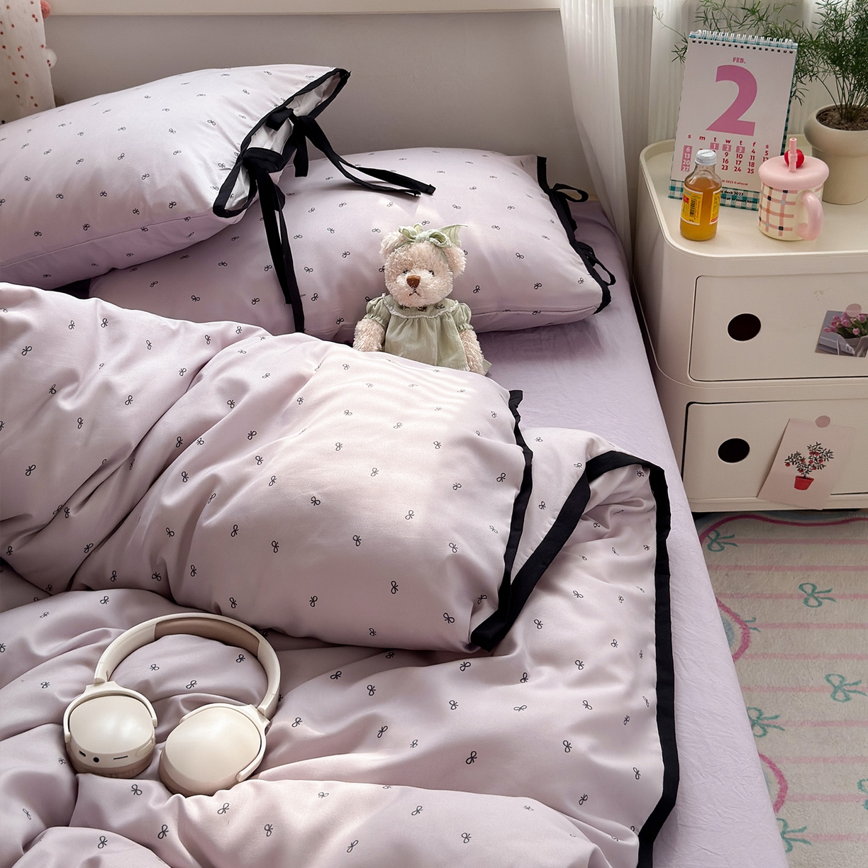 91家纺网 家纺一手货源 找家纺 尤米 2025新款水洗棉撞色绑带款四件套 绑带款-芋泥紫