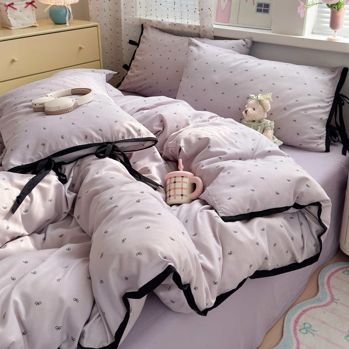 91家纺网 家纺一手货源 找家纺 尤米 2025新款水洗棉撞色绑带款四件套 绑带款-芋泥紫