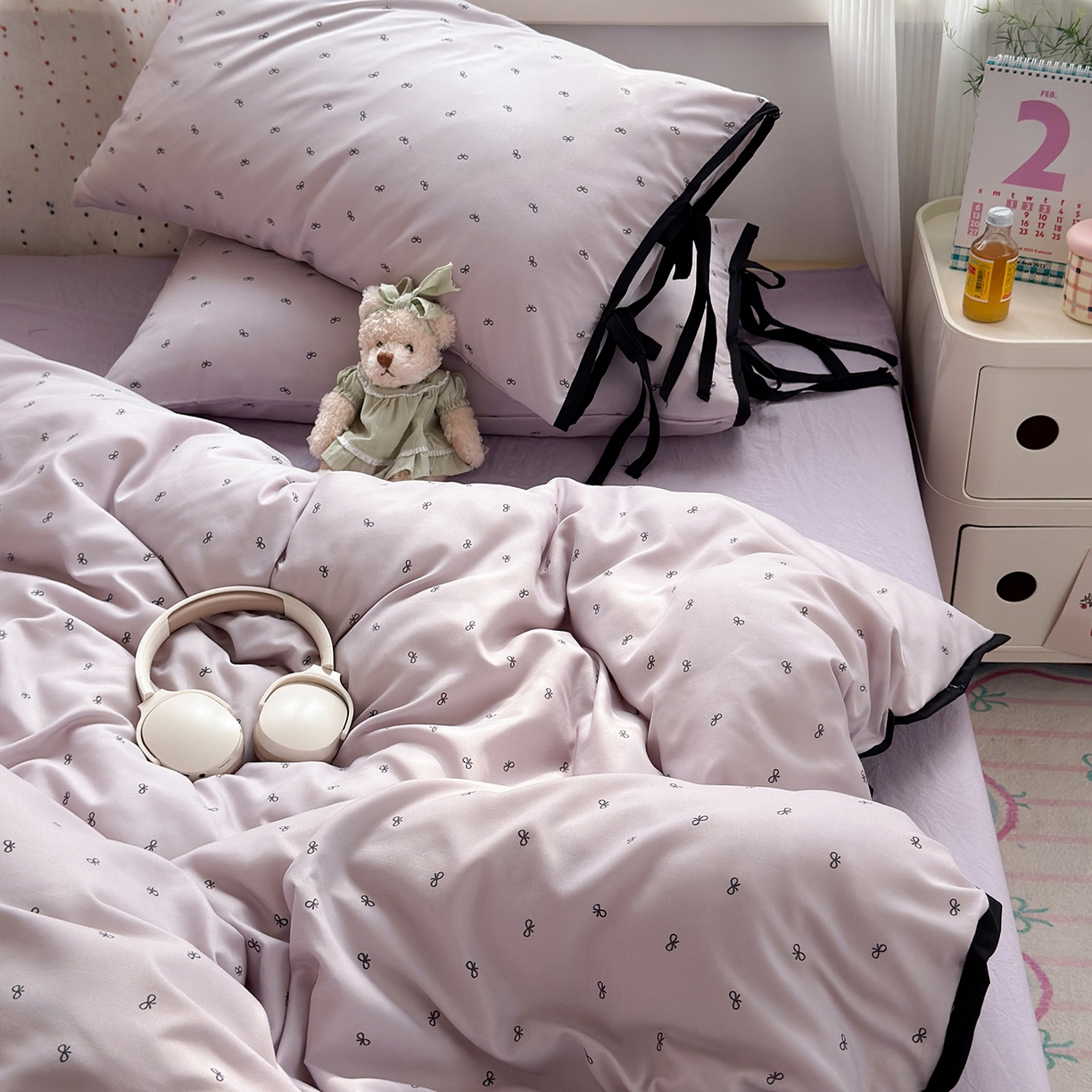 91家纺网 家纺一手货源 找家纺 尤米 2025新款水洗棉撞色绑带款四件套 绑带款-芋泥紫