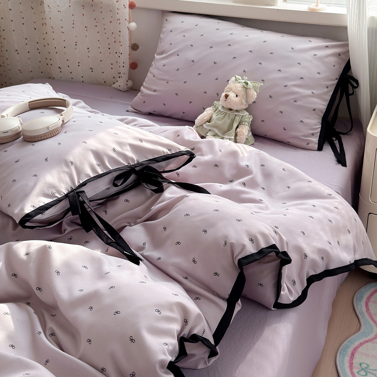 91家纺网 家纺一手货源 找家纺 尤米 2025新款水洗棉撞色绑带款四件套 绑带款-芋泥紫