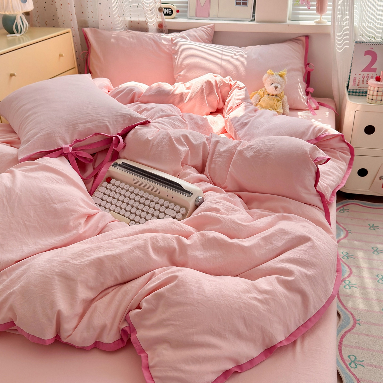 91家纺网 家纺一手货源 找家纺 尤米 2025新款水洗棉撞色绑带款四件套 绑带款-蜜桃粉