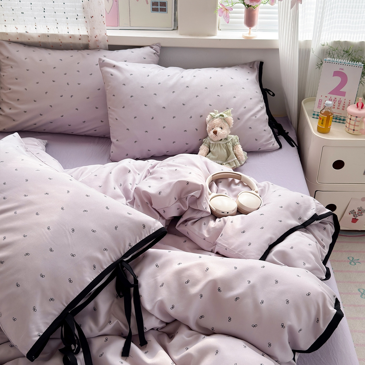 91家纺网 家纺一手货源 找家纺 尤米 2025新款水洗棉撞色绑带款四件套 绑带款-芋泥紫