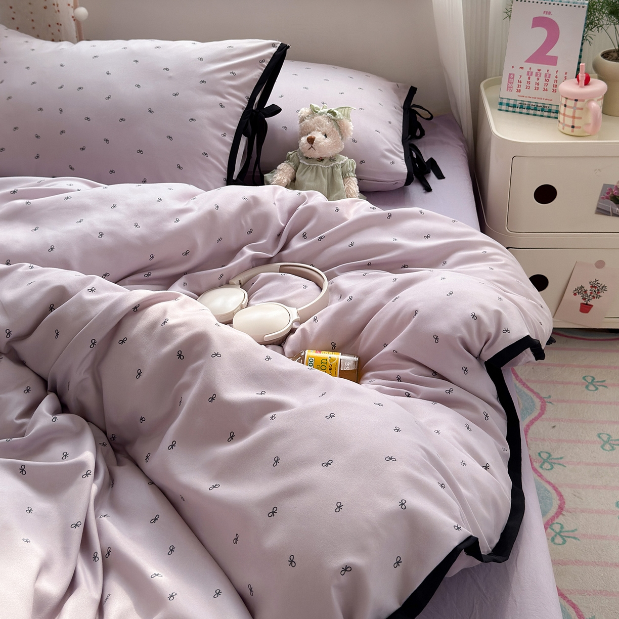 91家纺网 家纺一手货源 找家纺 尤米 2025新款水洗棉撞色绑带款四件套 绑带款-芋泥紫