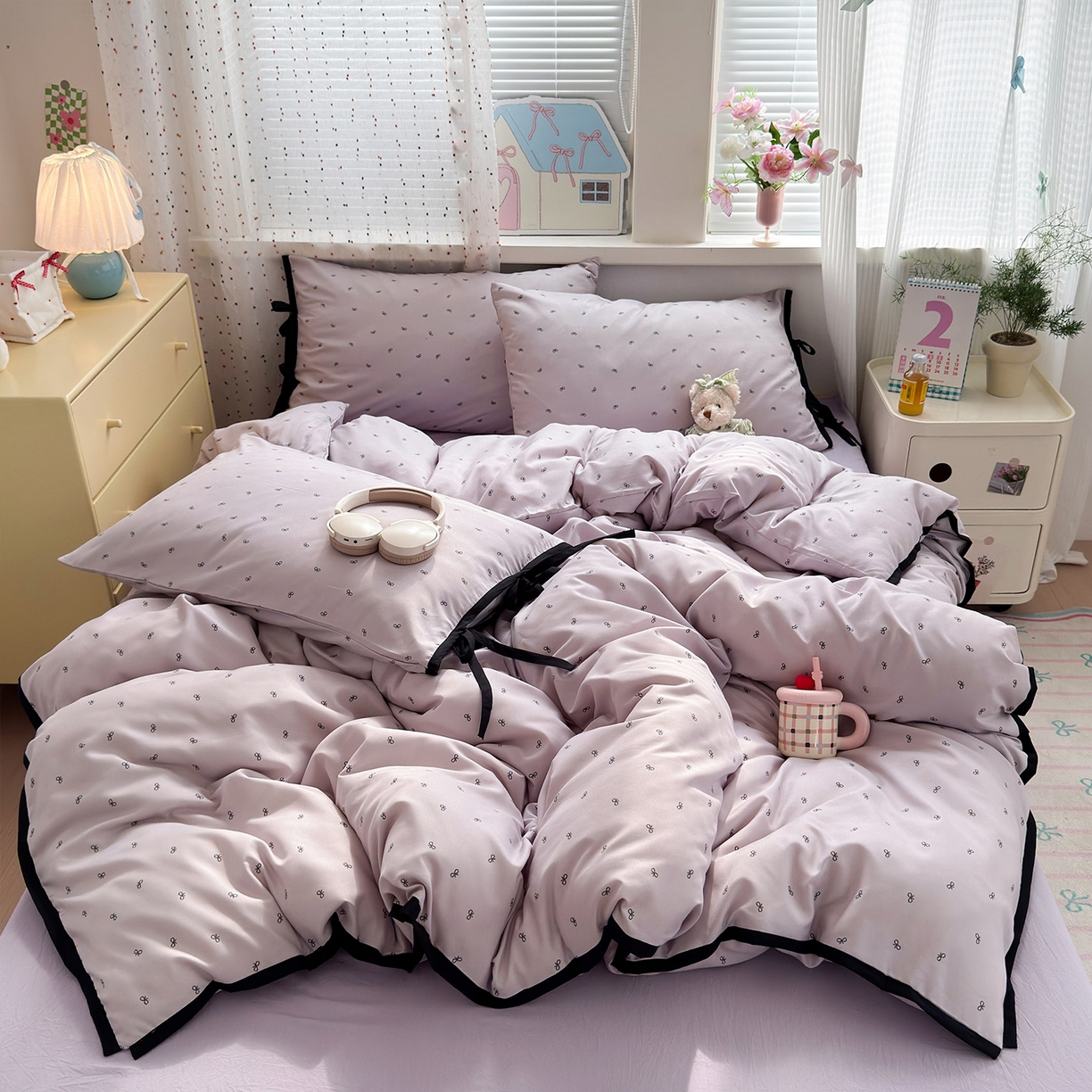 91家纺网 家纺一手货源 找家纺 尤米 2025新款水洗棉撞色绑带款四件套 绑带款-芋泥紫