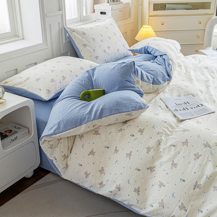 91家纺网 家纺一手货源 找家纺 （总）奇丝雅 2025新款A类有氧超柔云感双层纱皱皱纱学生宿舍三件套家用四件套单被套