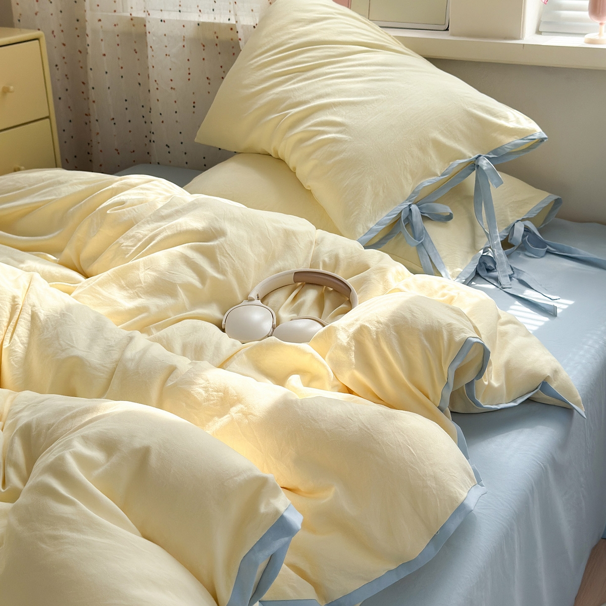 91家纺网 家纺一手货源 找家纺 尤米 2025新款水洗棉撞色绑带款四件套 绑带款-芝士黄