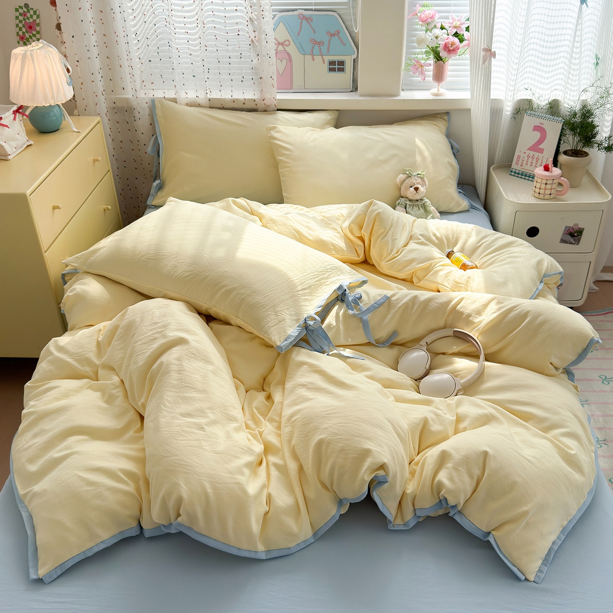 91家纺网 家纺一手货源 找家纺 尤米 2025新款水洗棉撞色绑带款四件套 绑带款-芝士黄