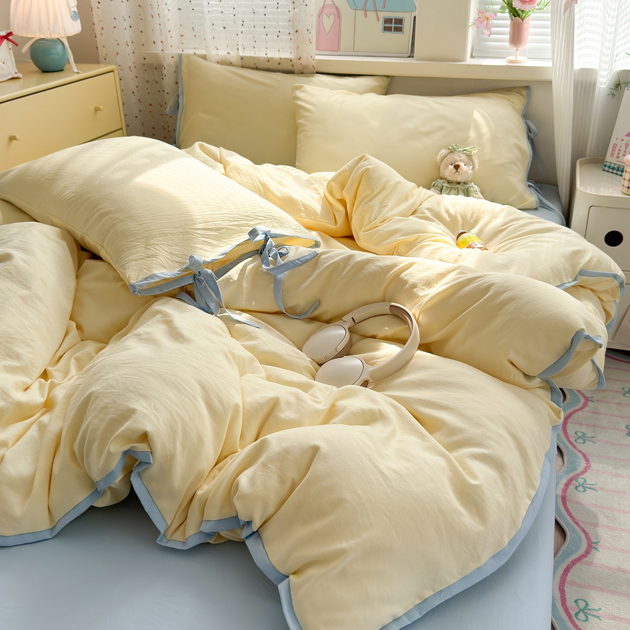 91家纺网 家纺一手货源 找家纺 尤米 2025新款水洗棉撞色绑带款四件套 绑带款-芝士黄