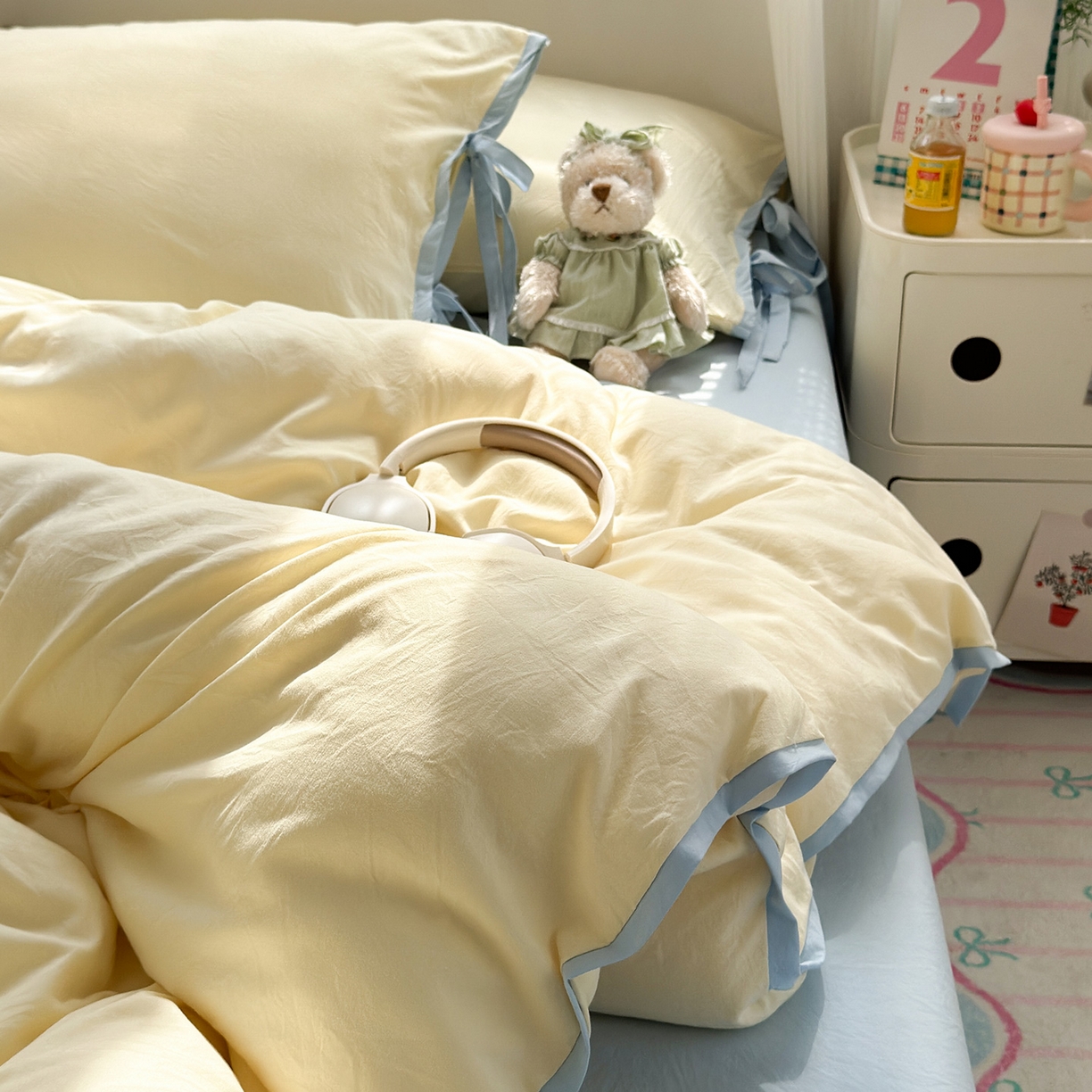 91家纺网 家纺一手货源 找家纺 尤米 2025新款水洗棉撞色绑带款四件套 绑带款-芝士黄