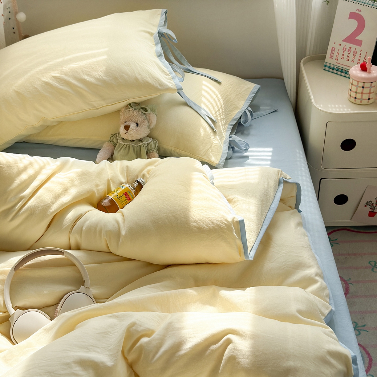 91家纺网 家纺一手货源 找家纺 尤米 2025新款水洗棉撞色绑带款四件套 绑带款-芝士黄