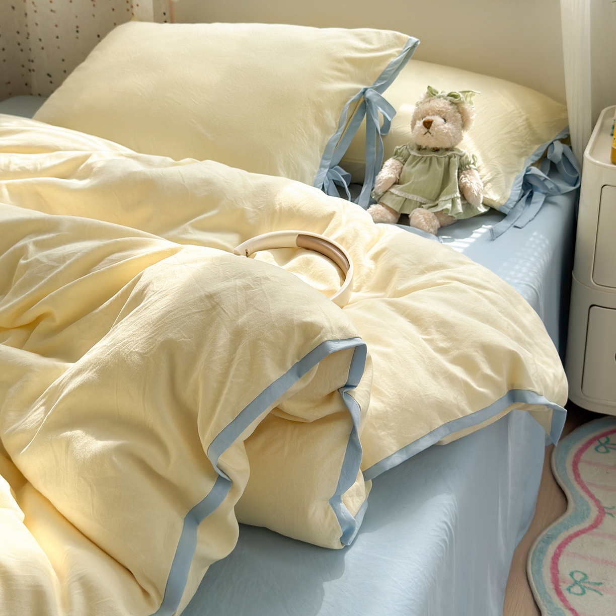 91家纺网 家纺一手货源 找家纺 尤米 2025新款水洗棉撞色绑带款四件套 绑带款-芝士黄