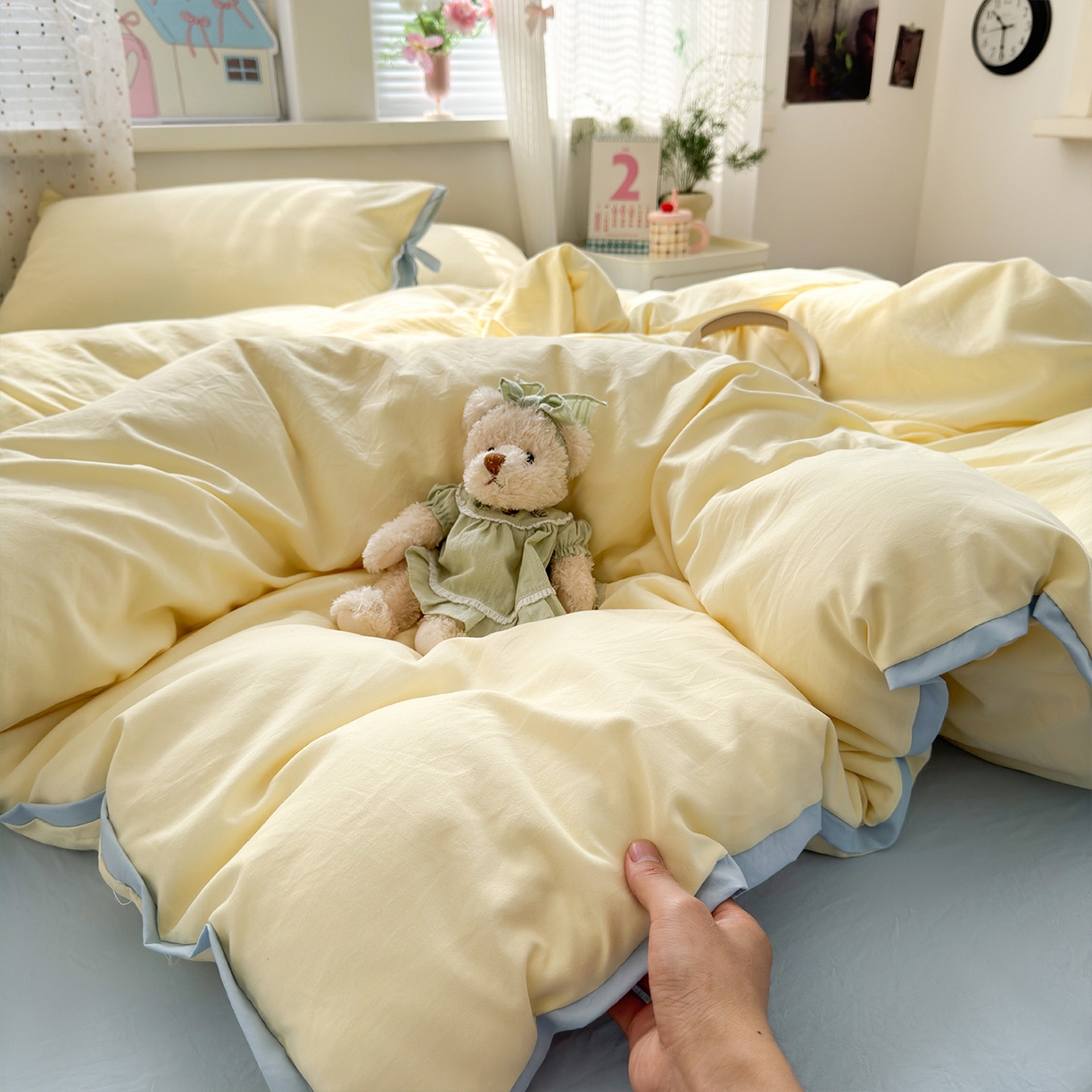 91家纺网 家纺一手货源 找家纺 尤米 2025新款水洗棉撞色绑带款四件套 绑带款-芝士黄