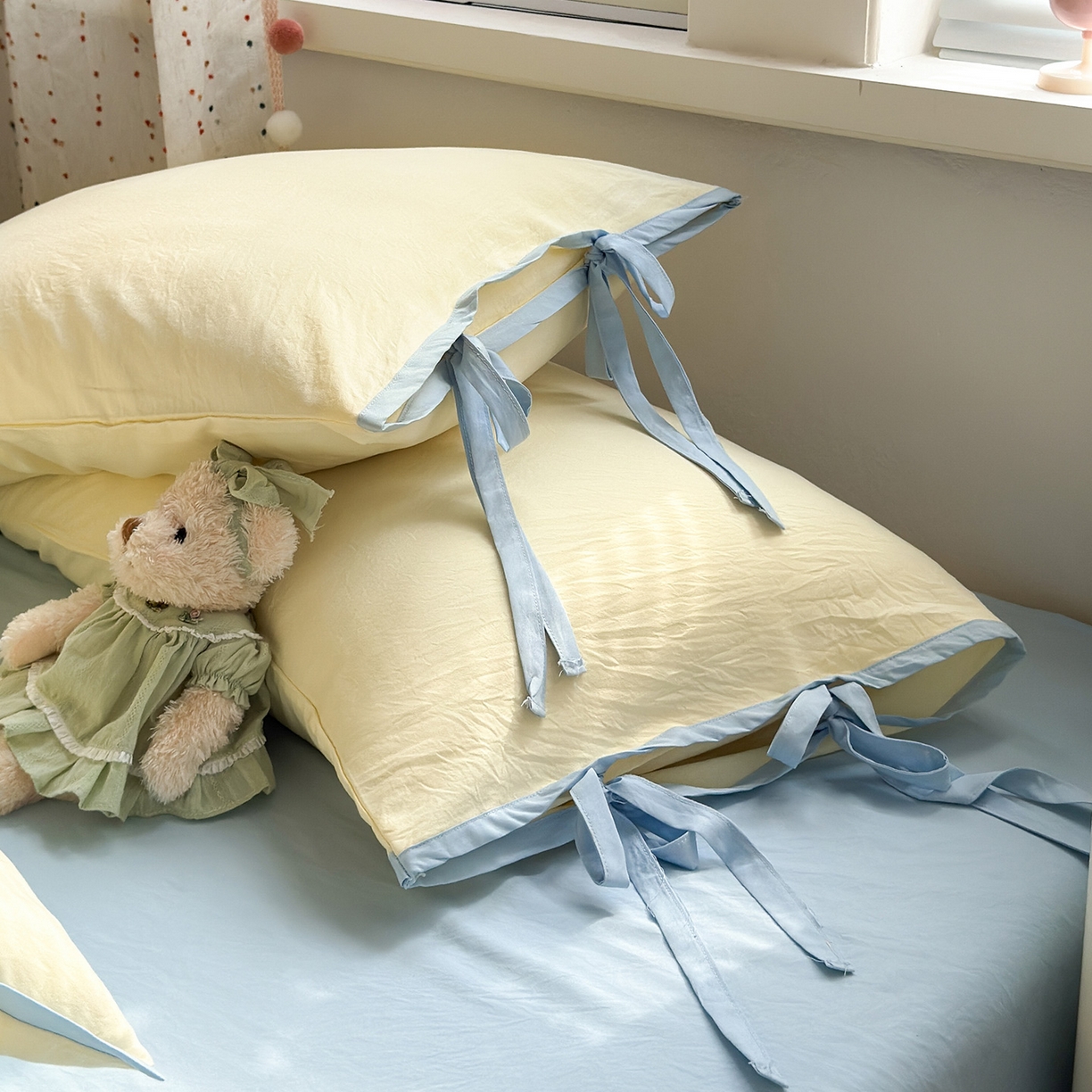 91家纺网 家纺一手货源 找家纺 尤米 2025新款水洗棉撞色绑带款四件套 绑带款-芝士黄