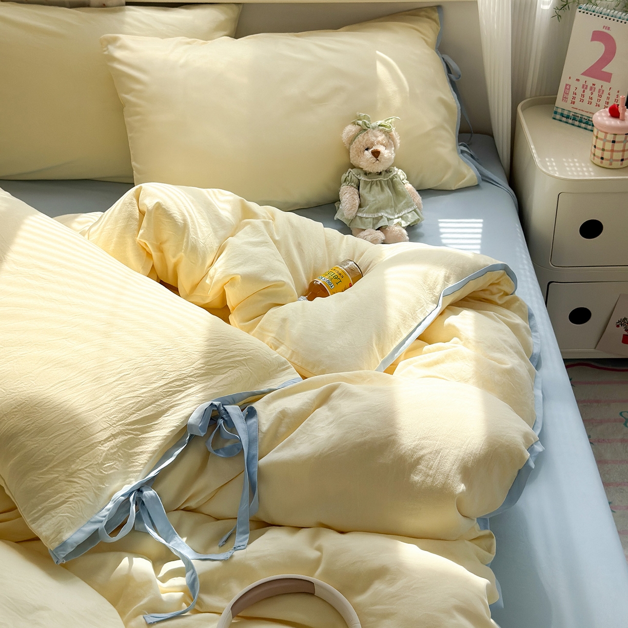 91家纺网 家纺一手货源 找家纺 尤米 2025新款水洗棉撞色绑带款四件套 绑带款-芝士黄