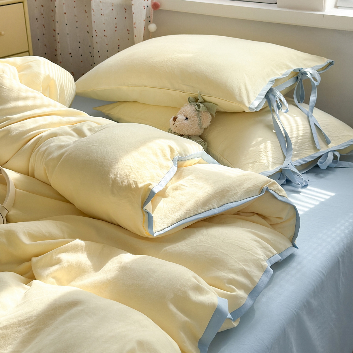 91家纺网 家纺一手货源 找家纺 尤米 2025新款水洗棉撞色绑带款四件套 绑带款-芝士黄