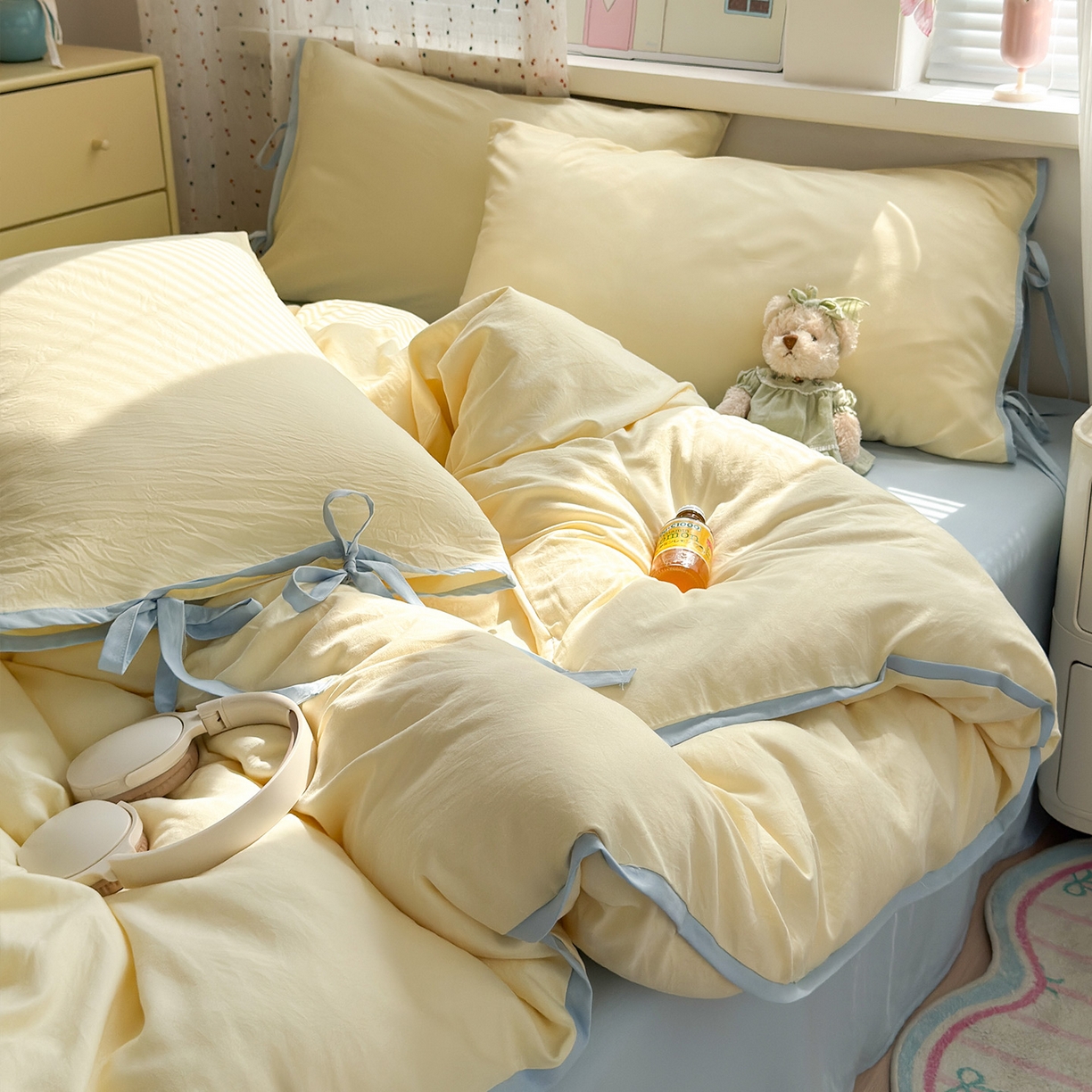 91家纺网 家纺一手货源 找家纺 尤米 2025新款水洗棉撞色绑带款四件套 绑带款-芝士黄